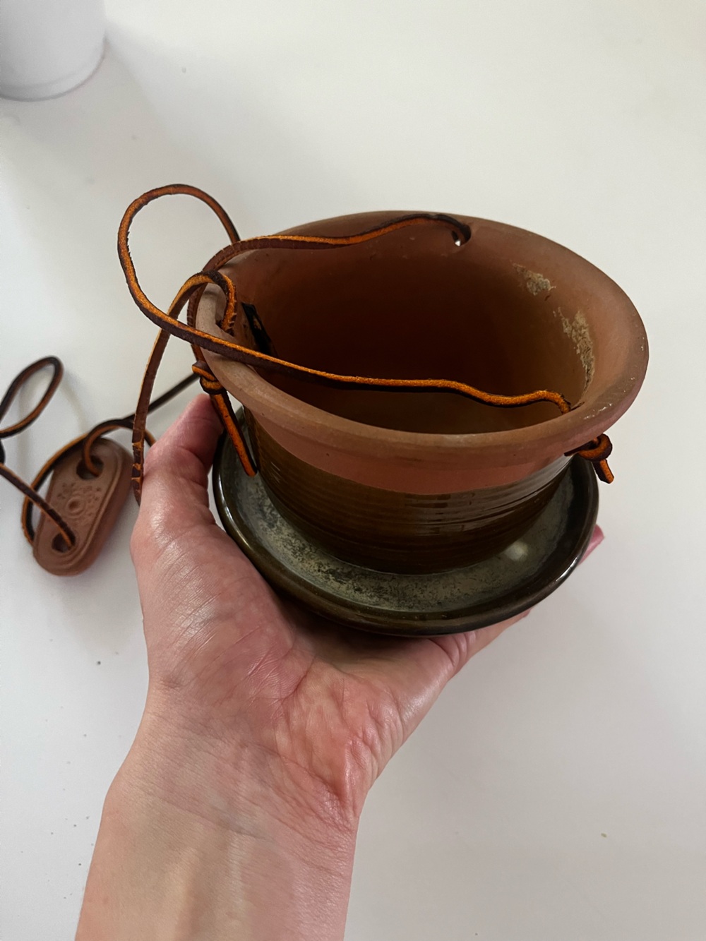 Vintage forest green McCoy Terracotta Hanging Planter with saucer Leather Cord